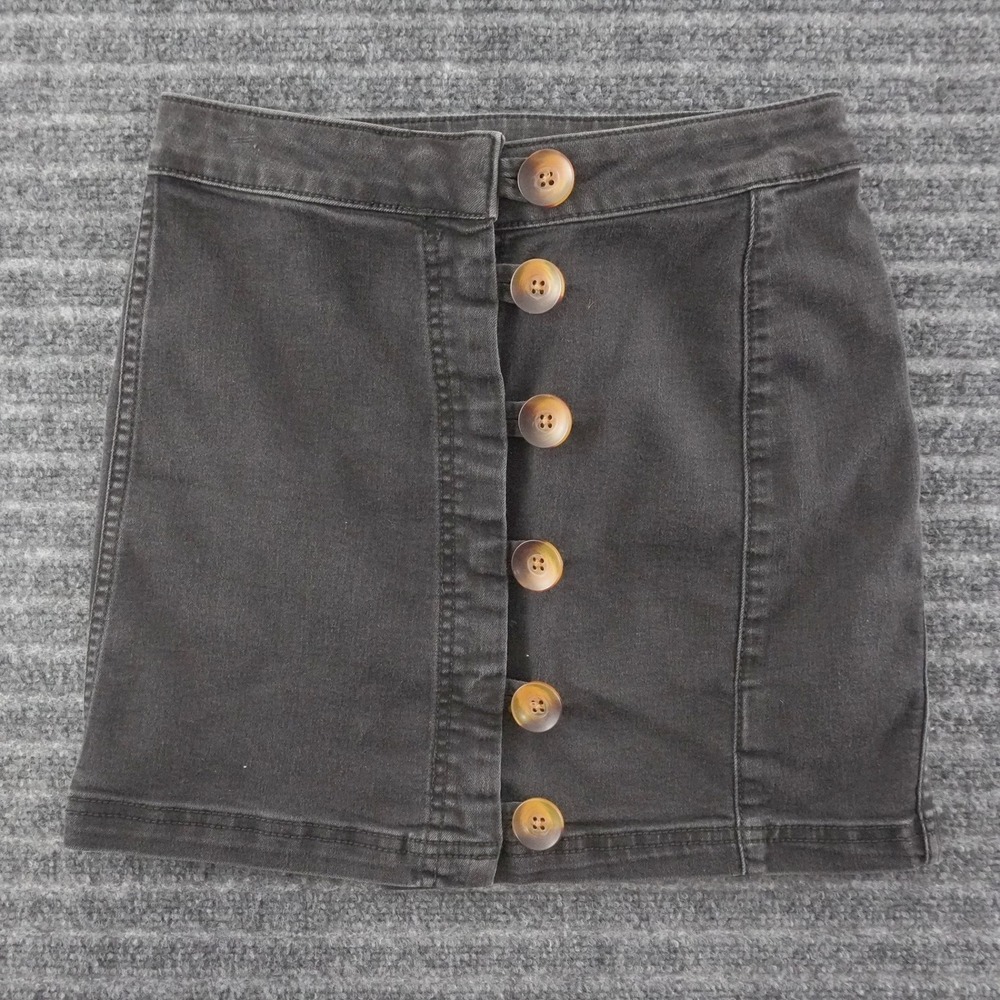 Free People Mini Skirt Womens 26 Black Button Front Denim Stretch Short